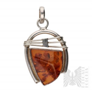 Silver Modernist Pendant of Interesting Form with Amber