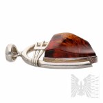Silver Modernist Pendant of Interesting Form with Amber