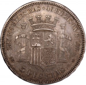 Spain 5 Pesetas 1870 SNM Silver