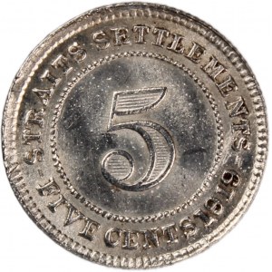 Straits Settlements 5 Cents 1919 Silver