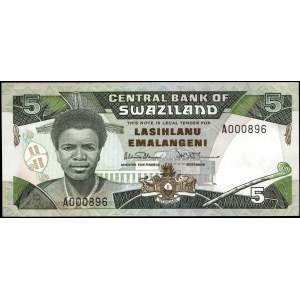 Swasiland. 5 Emalangeni 1987 Präfix A Niedrig S/N 896