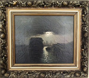Alfred Scherres(1864 Gdańsk-1924 Berlin),Nokturn z żaglowcami w porcie,1894