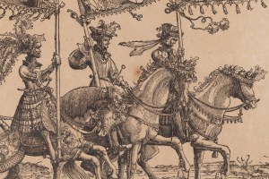 Hans Burgkmair (1473 Augsburg - 1531 ), Chorążowie ze sztandarami ziem na północ od rzeki Enns, Burgau oraz Cilley z cyklu Triumf cesarza Maksymiliana I, 1522