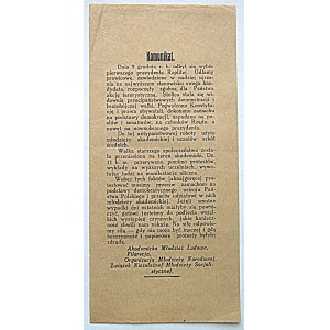 [DRUK ULOTNY]. Komunikat. Dnia 9 grudnia r.b. [1922 r.]. Odbył się wybór pierwszego prezydenta Rzplitej...