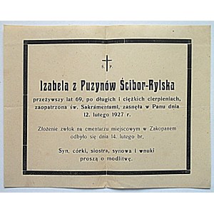 KLEPSYDRA. Izabela z Puzynów Ścibor - Rylska przeżywszy lat 69 po długich i ciężkich cierpieniach...