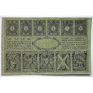 KUPONY NA CHLEB. M. M. St.W. Karta ważna od 15/IV do 28/IV 1918 roku włacznie. Kup. Na ziemniaki S...