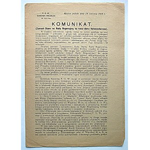 P. O. W. Komenda Naczelna. No 1421/15a. Miejsce pobytu dnia 26 czerwca 1918. KOMUNIKAT...