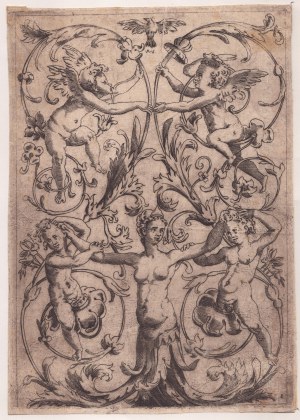 Agostino Veneziano (Agostino dei Musi), Ornamental panel with four putti and a woman