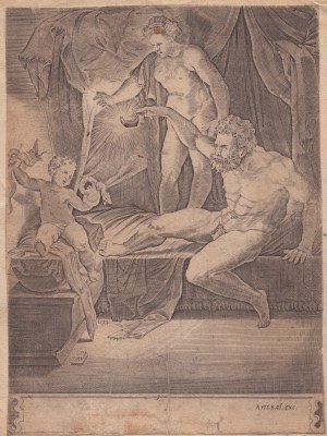 Agostino Veneziano (Agostino dei Musi), Heracles as a child with Alcmena and Amphitryon