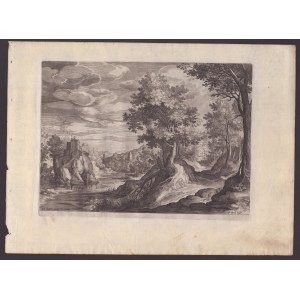 Jan (Johannes) Sadeler, Landscape with castle on rock on the river bank