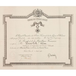 DIPLÔME DE LÉGION D'HONNEUR À MICHAEL PAWLIK, France, 1925