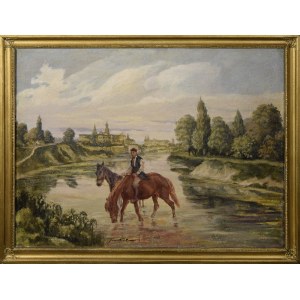 Jan Erazm KOTOWSKI (1885-1960), Krakowiak pooing horses [Zakole Wisły pod Krakowem].