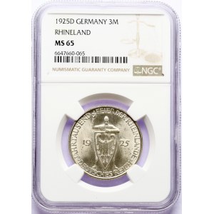 Germany Weimar Republic 3 Reichsmark 1925 D Rhineland NGC MS 65