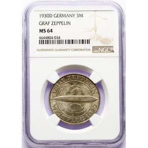 Germany Weimar Republic 3 Reichsmark 1930 D Graf Zeppelin NGC MS 64
