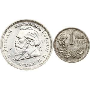 Lithuania 1 Litas 1925 & 5 Litai 1936 Basanavicius Lot of 2 coins