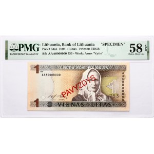 Lithuania 1 Litas 1994 SPECIMEN PMG 58 Choice About Unc