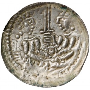 Mieszko III, Brakteat hebrajski, Gniezno - 2 postacie z mieczem - EFEKTOWNY