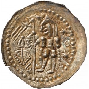 Bolesław V Wstydliwy, Brakteat Kraków (1243-1279) - Rycerz z chorągwią - kusza w tle