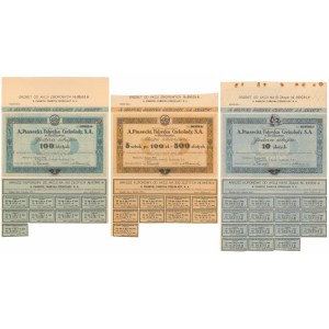Fabryka Czekolady A. Piasecki, 10 zł 1925, 100 zł i 5x 1933 (3szt)