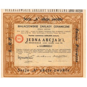 Białaczowskie Zakłady Ceramiczne, Em.1, 300 zł 1929, akcja z nr 0001