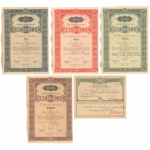 6% Pożyczka Narodowa 1934, Obligacje 50-1.000 zł - komplet (4szt) + dyplom