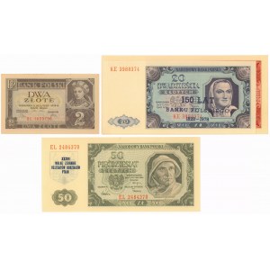 Zestaw banknotów 2-100 zł 1936-1948 z nadrukami (4szt)