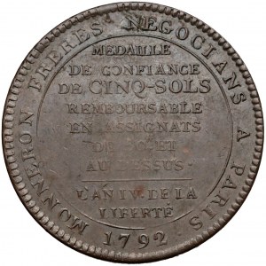 Francja, Medal (5 sols) Monneron Freres 1792