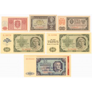 Zestaw banknotów 1-100 zł 1936-1948 z nadrukami (7szt) + folder