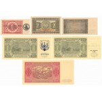 Zestaw banknotów 1-100 zł 1936-1948 z nadrukami (7szt) + folder