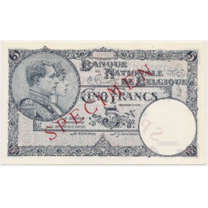 Belgia, 5 francs (1938) SPECIMEN