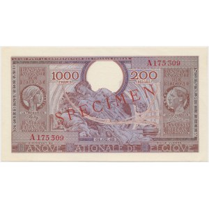 Belgia, 1.000 francs = 200 belgas 1943 (1944) SPECIMEN