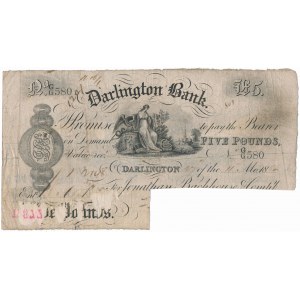 Great Britain, Darlington Bank 5 Pounds 1886 - canceled