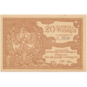 Polski Skarb Wojskowy 20 złotych = 3 ruble 1916 z podpisem i stemplem