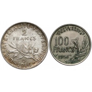 Francja, 2 franki 1914-C i 100 franków 1958 - sowa - rzadkość (2szt)