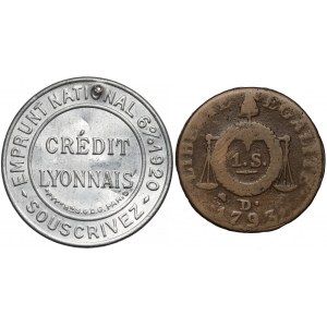 Francja, 1 sol 1793-D° - dość rzadki i 10 cent 1920 zastępcze (2szt)