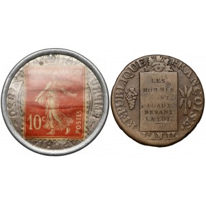 Francja, 1 sol 1793-D° - dość rzadki i 10 cent 1920 zastępcze (2szt)