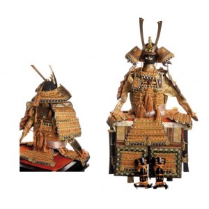 Miniature Yoroi armor in shades of orangish and gold
