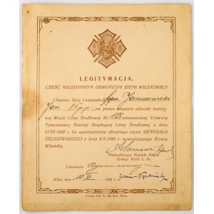 LEGITYMACJA ODZNAKI HONOROWEJ WOJSK LITWY ŚRODKOWEJ, Podporucznik Jan Janiszewski, 10.12.1922