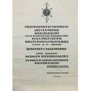 DYPLOM MEDALU NIEPODLEGŁOŚCI, 27.VI. 1938 dla Konstantego Dłużniewskiego