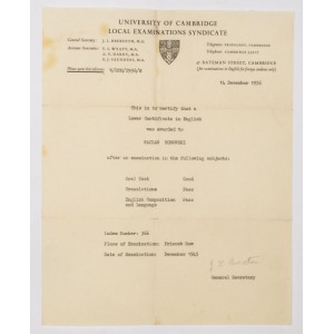 CERTYFIKAT DLA WACŁAWA HONOWSKIEGO, Wystawiony przez Uniwersytet Cambridge o zdaniu egzaminu z języka angielskiego, 14 grudnia 1946