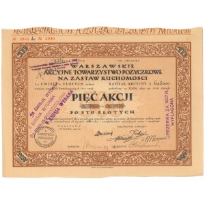 Warszawskie Akc. Tow. Pożyczkowe na Zastaw Ruchomości, Em.1, 5x 100 zł 1926