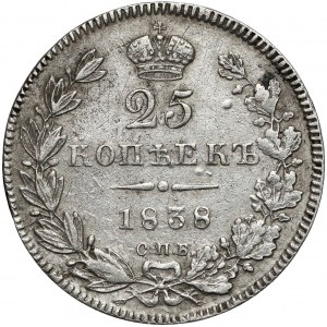Rosja, Mikołaj I, 25 kopiejek 1838 HГ - przebitka z 1837