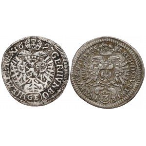 Leopold i Karol VI, 3 krajcary Praga 1697 i Wrocław 1725 (2szt)