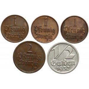 Gdańsk, 1 i 2 fenigi, 1/2 guldena 1923-1937 (5szt)