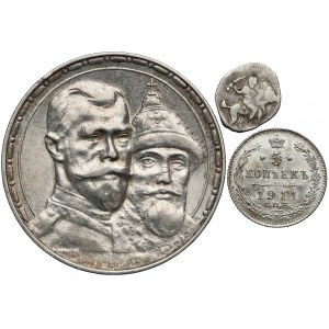 Rosja, Mikołaj II, 5 kopiejek 1911 i Rubel 1913 + łezka (3szt)