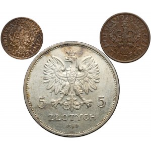 5 złotych Sztandar, 1 i 2 grosze 1928-30 (3szt)