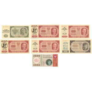 Zestaw banknotów 50-1.000 zł 1948-65 z nadrukami (7szt) + koperta