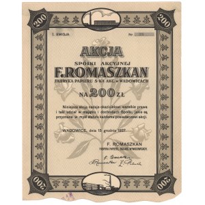 F. Romaszkan Fabryka Papieru w Wadowicach, Em.1, 200 zł 1927