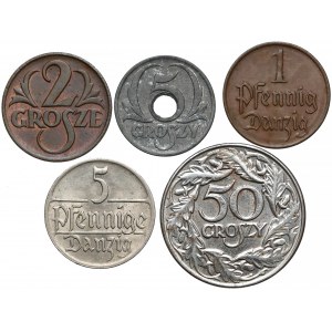 II RP, GG, Gdańsk, zestaw monet 1923-1939 (5szt)