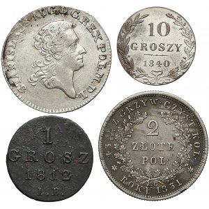 Złotówka 1767, Grosz 1812, 2 złote 1831 i 10 groszy 1840 (4szt)